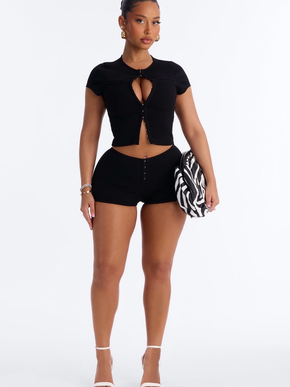 Kami Snatched Short Sleeve 2 Piece Micro Mini Short Set - Black